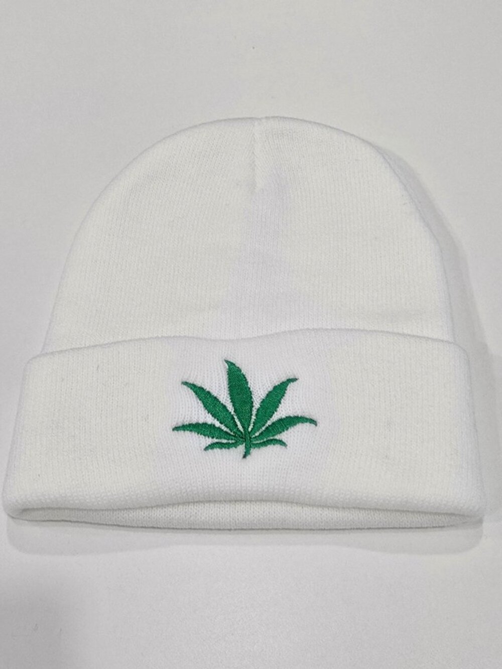 White Knit Beanie ✦ With Green Cannabis Leaf Embroidery ✦ Warm Stretch OS Unisex - Picture 6 of 8